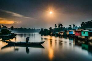 a man in a boat on the river at sunrise. AI-Generated photo