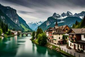 a river runs through a town in the mountains. AI-Generated photo
