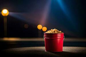 a bucket of popcorn on the road at night. AI-Generated photo