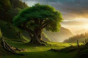 a tree in the middle of a green valley. AI-Generated photo