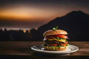 a hamburger on a plate with a mountain in the background. AI-Generated photo