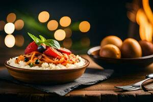 un plato de arroz con vegetales y carne en frente de un fuego. generado por ai foto