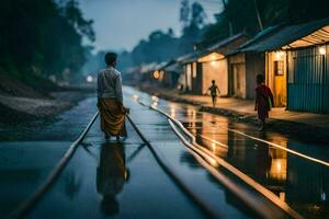 un hombre caminando en el ferrocarril pistas en el lluvia. generado por ai foto