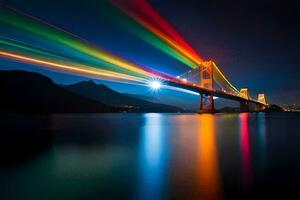 un arco iris ligero haz es brillante terminado un puente. generado por ai foto