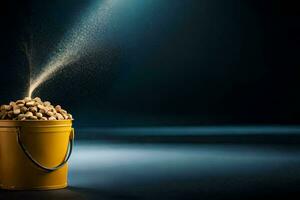 a bucket filled with peanuts on a dark background. AI-Generated photo