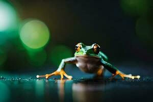 a frog is standing on a dark background. AI-Generated photo