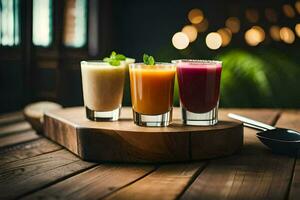 three different juices on a wooden table. AI-Generated photo