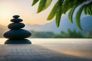 zen stones stacked on top of each other in front of a palm tree. AI-Generated photo