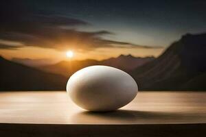 an egg on a table in front of a mountain. AI-Generated photo