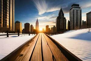 a wooden walkway in the snow with tall buildings in the background. AI-Generated photo