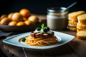 a plate of spaghetti with a blueberry sauce and a glass of milk. AI-Generated photo