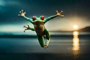 a frog jumping in the air with its eyes open. AI-Generated photo