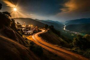 un la carretera devanado mediante el montañas a puesta de sol. generado por ai foto