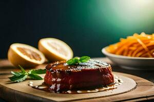 grilled steak with lemon and mint on a wooden cutting board. AI-Generated photo