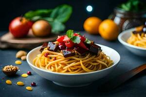 spaghetti with vegetables and nuts on a dark table. AI-Generated photo