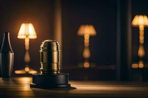 a lamp on a table with a candle and a lamp. AI-Generated photo