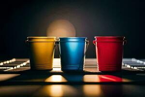 three colorful buckets sit on a table. AI-Generated photo