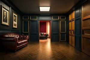 a dark hallway with a leather couch and pictures on the wall. AI-Generated photo