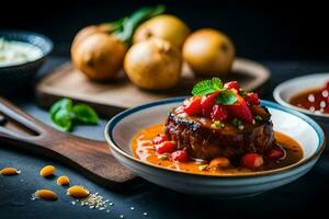 un plato de comida con carne y vegetales. generado por ai foto