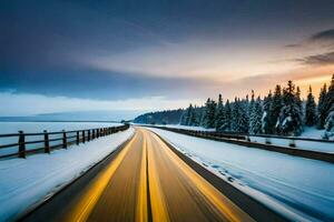 a long exposure photograph of a snowy road. AI-Generated photo