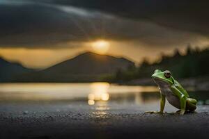 a frog sits on the ground at sunset. AI-Generated photo