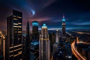 el ciudad horizonte a noche con luces en. generado por ai foto