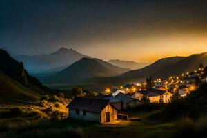 un pueblo a puesta de sol en el montañas. generado por ai foto