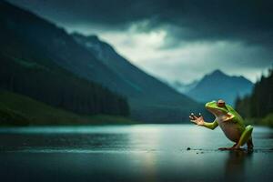 a frog standing on the edge of a lake with mountains in the background. AI-Generated photo