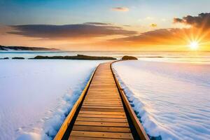 the boardwalk on the beach at sunset. AI-Generated photo