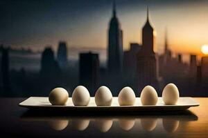 eggs on a plate with cityscape in the background. AI-Generated photo