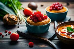 a bowl of soup with berries and a cupcake. AI-Generated photo