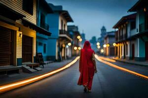 un mujer en un rojo vestir camina abajo un calle a noche. generado por ai foto