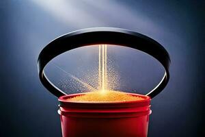 a red bucket with a light shining out of it. AI-Generated photo