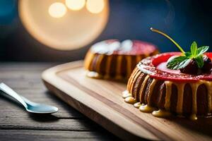 a dessert on a wooden board with a cherry. AI-Generated photo