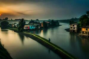 un río en el medio de un pueblo a puesta de sol. generado por ai foto