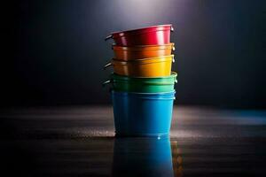 a stack of colorful plastic buckets on a dark surface. AI-Generated photo