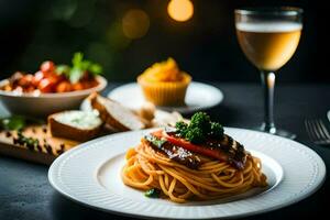 spaghetti with meat and vegetables on a white plate. AI-Generated photo