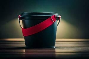 a black bucket with a red band around it. AI-Generated photo