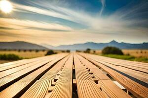 a wooden walkway in the middle of a field. AI-Generated photo