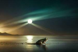 a frog sitting on the beach at night with a full moon in the background. AI-Generated photo