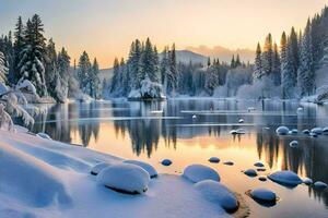 a snowy lake surrounded by trees and snow. AI-Generated photo