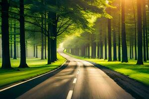 un la carretera en el medio de un bosque con arboles generado por ai foto