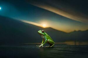 a frog sitting on the ground at night. AI-Generated photo