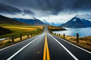 a long road with mountains in the background. AI-Generated photo
