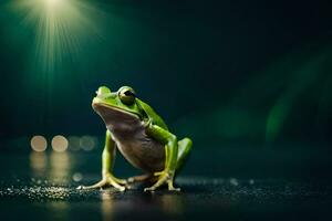 a frog is sitting on the ground in front of a bright light. AI-Generated photo