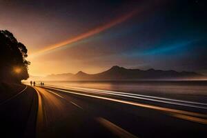 un largo exposición fotografía de un la carretera con un arco iris en el cielo. generado por ai foto