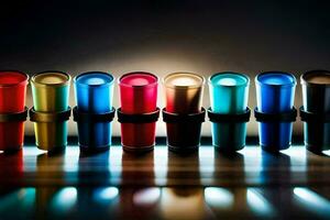 a row of colorful cups on a table. AI-Generated photo