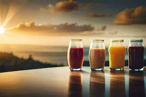 five glasses of juice on a table with the sun setting behind them. AI-Generated photo