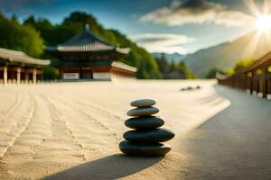 a stack of stones in front of a pagoda. AI-Generated photo