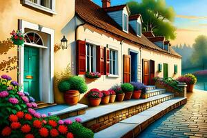 un pintura de un calle con flores y casas generado por ai foto
